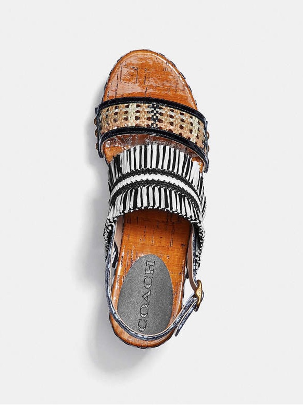 Coach Black & White Woven Platform Sandal with Raffia Strap - Picture 5 of 8